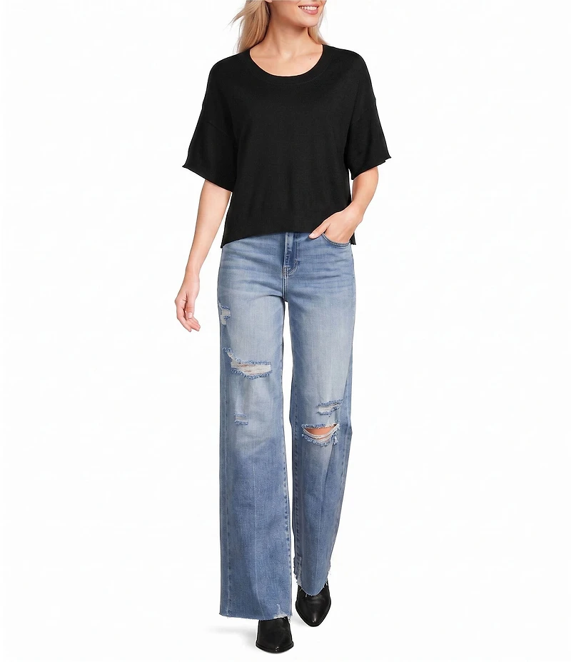Originality Solid Short Sleeve Cropped Boxy Sweater Top
