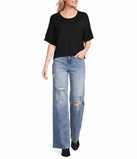 Originality Solid Short Sleeve Cropped Boxy Sweater Top