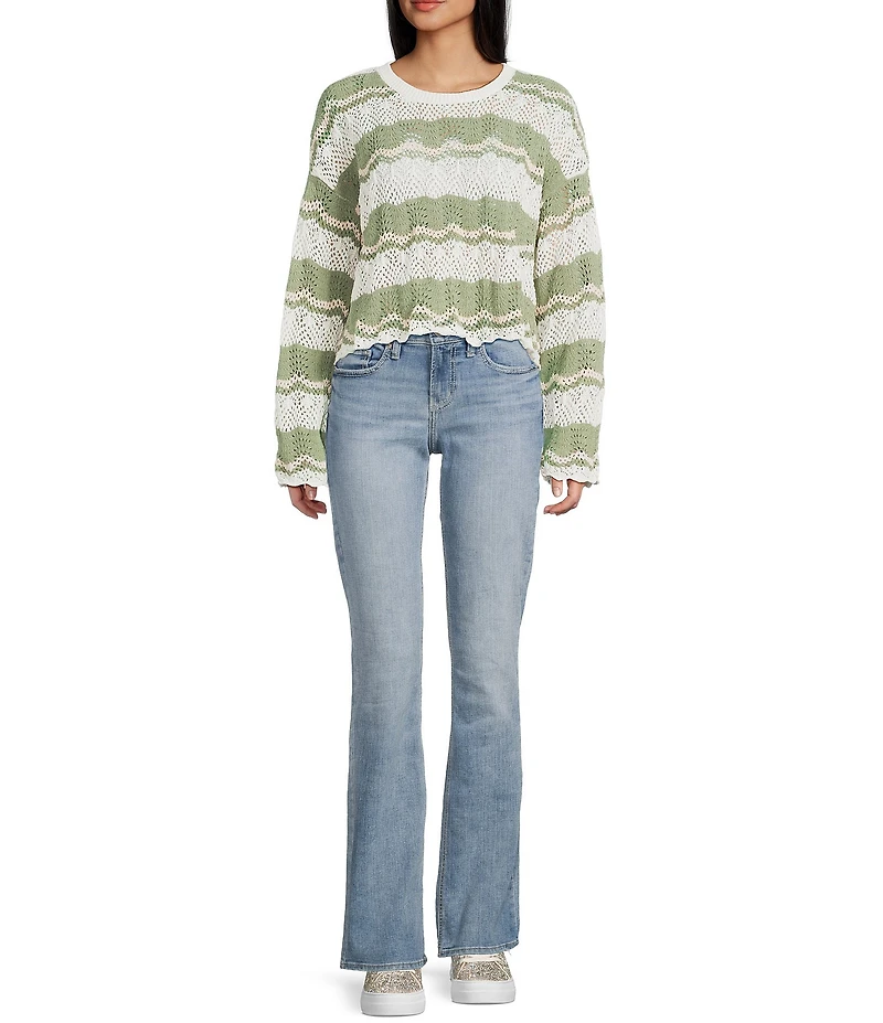 Originality Striped Scallop Edge Round Neck Long Sleeve Drop Shoulder Sweater