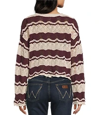 Originality Striped Scallop Edge Round Neck Long Sleeve Drop Shoulder Sweater
