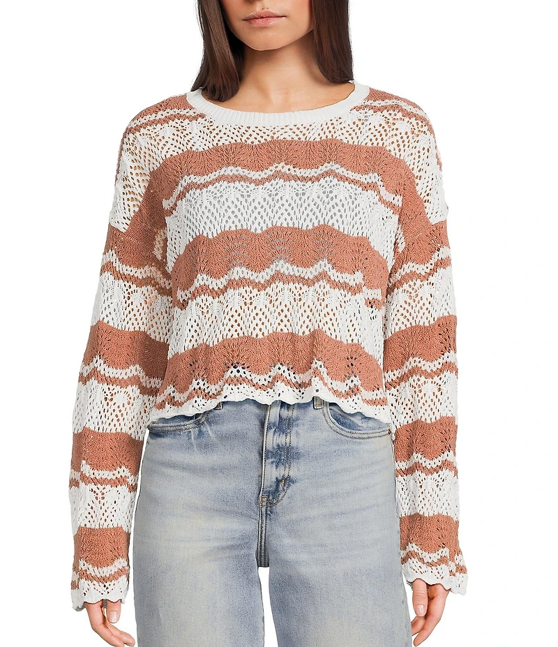 Originality Striped Scallop Edge Round Neck Long Sleeve Drop Shoulder Sweater
