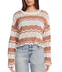 Originality Striped Scallop Edge Round Neck Long Sleeve Drop Shoulder Sweater