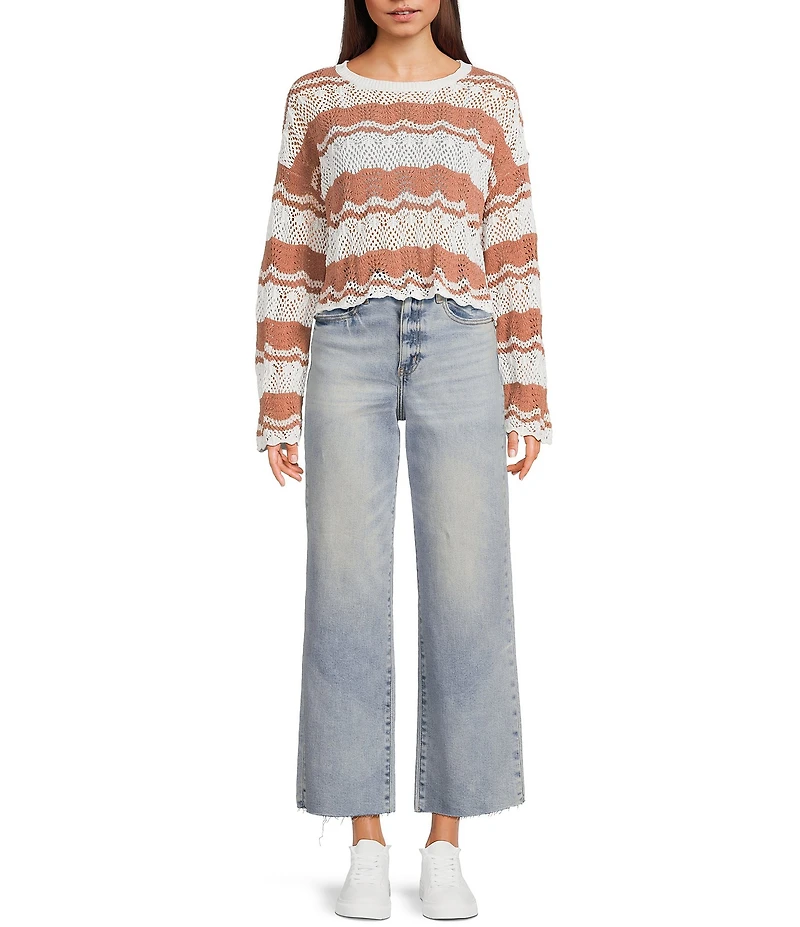 Originality Striped Scallop Edge Round Neck Long Sleeve Drop Shoulder Sweater