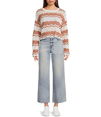 Originality Striped Scallop Edge Round Neck Long Sleeve Drop Shoulder Sweater