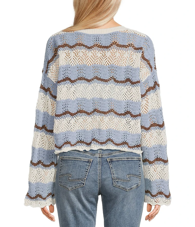 Originality Striped Scallop Edge Round Neck Long Sleeve Drop Shoulder Sweater