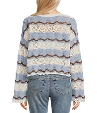 Originality Striped Scallop Edge Round Neck Long Sleeve Drop Shoulder Sweater