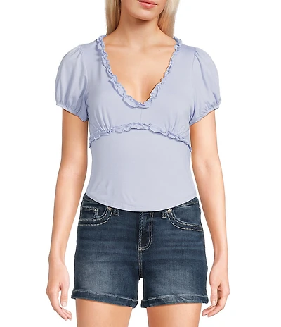 Originality V-Neck Short Puff Sleeve Ruffle Top