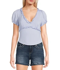 Originality V-Neck Short Puff Sleeve Ruffle Top