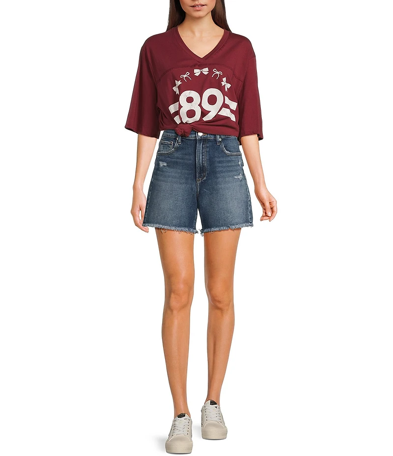 Originality V-Neck Short Sleeve Bow Varsity T-Shirt