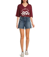 Originality V-Neck Short Sleeve Bow Varsity T-Shirt