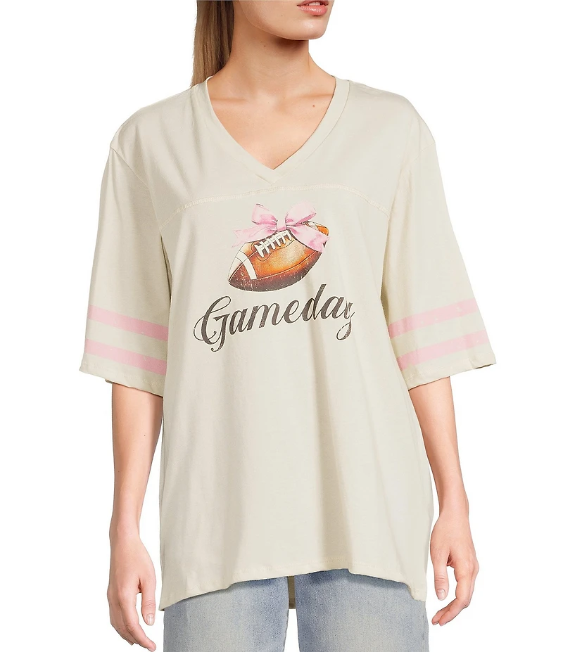 Originality V-Neck Short Sleeve Varsity Game Day Bow Graphic T-Shirt