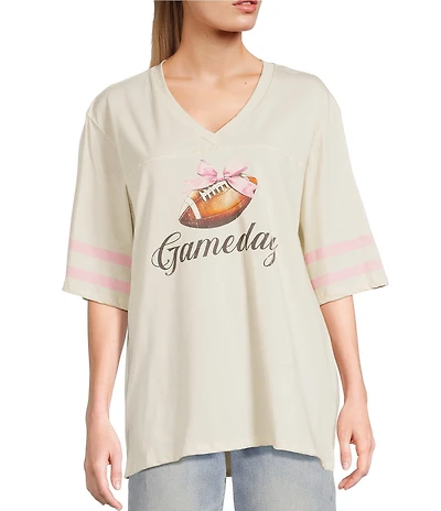 Originality V-Neck Short Sleeve Varsity Game Day Bow Graphic T-Shirt