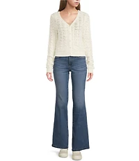 Originality Wavy Stripe V-Neck Button Front Long Sleeve Cropped Cardigan