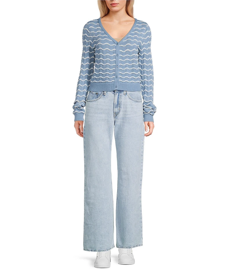 Originality Wavy Stripe V-Neck Button Front Long Sleeve Cropped Cardigan