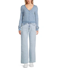 Originality Wavy Stripe V-Neck Button Front Long Sleeve Cropped Cardigan