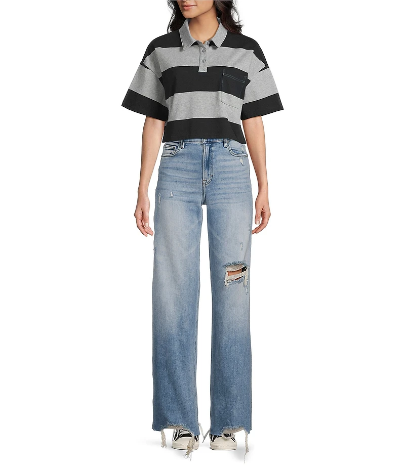 Papermoon Striped Short Sleeve Cropped Polo Shirt