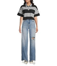 Papermoon Striped Short Sleeve Cropped Polo Shirt