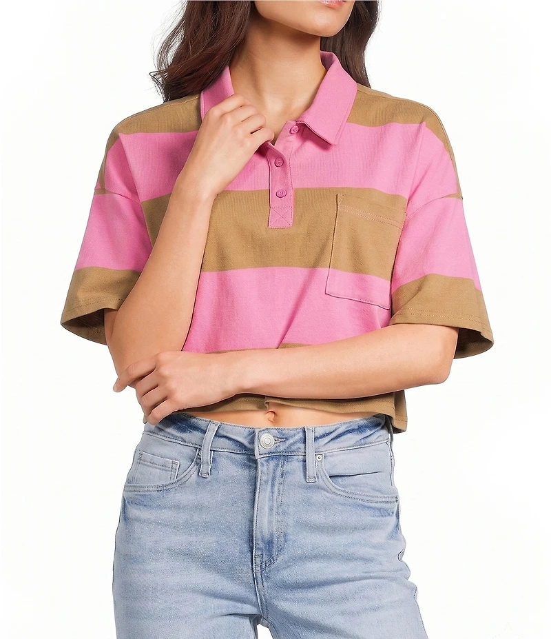 Papermoon Striped Short Sleeve Cropped Polo Shirt