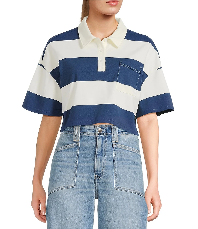 Papermoon Striped Short Sleeve Cropped Polo Shirt