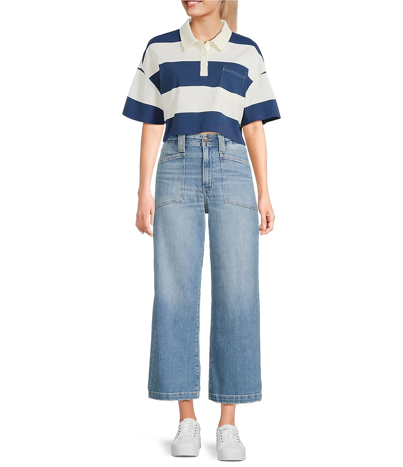Papermoon Striped Short Sleeve Cropped Polo Shirt