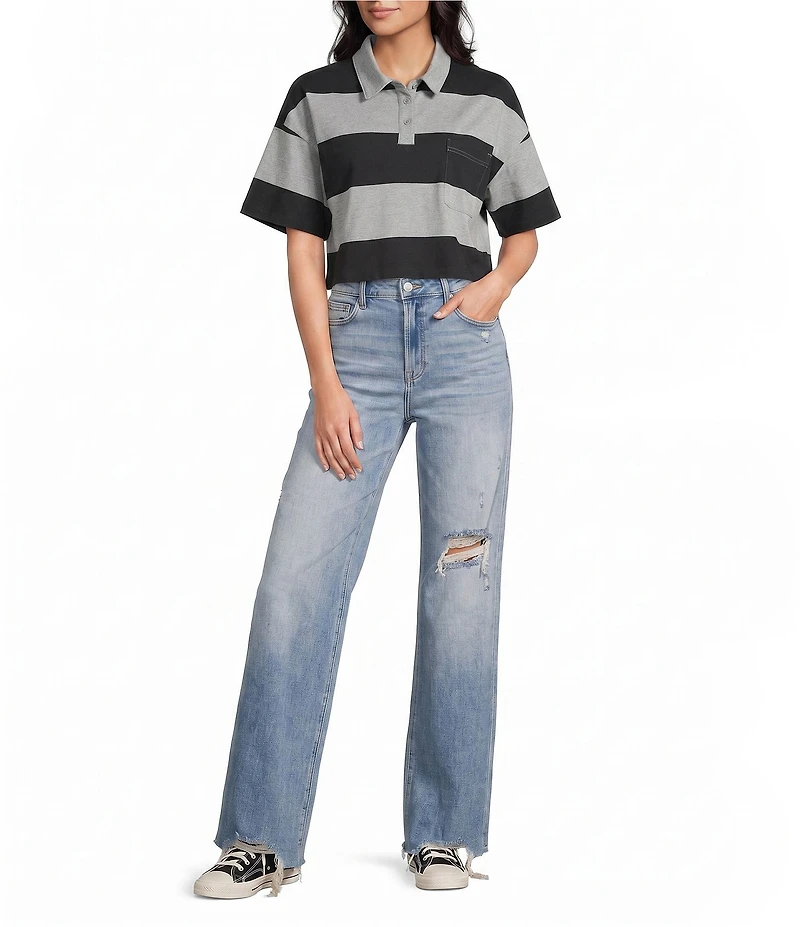 Papermoon Rugby Striped Short Sleeve Cropped Polo Shirt
