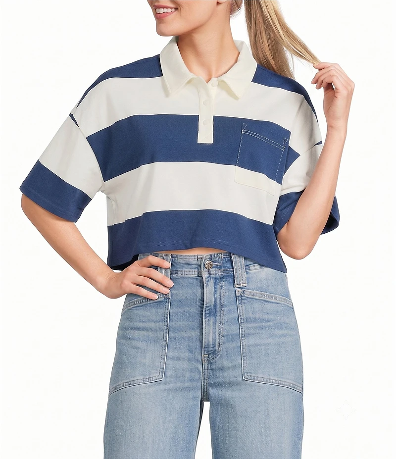 Papermoon Rugby Striped Short Sleeve Cropped Polo Shirt