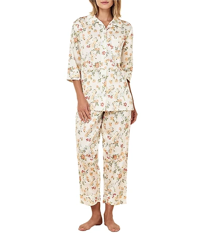 Papinelle Amber Floral Sateen 3/4 Sleeve Notch Collar Cropped Pajama Set