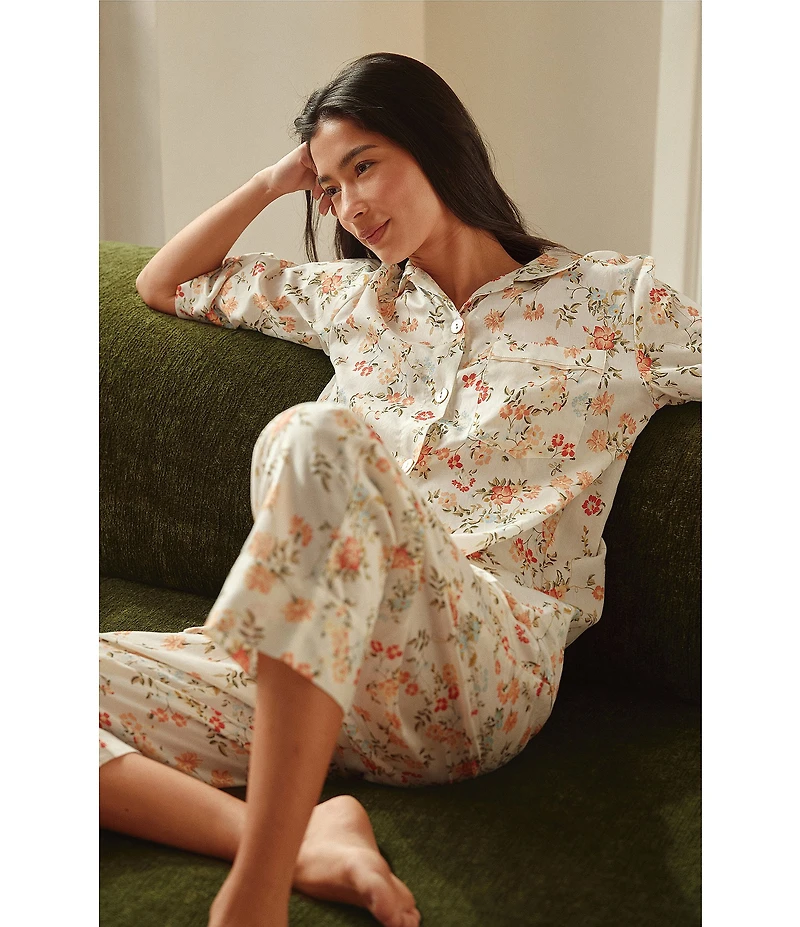 Papinelle Amber Floral Sateen 3/4 Sleeve Notch Collar Cropped Pajama Set