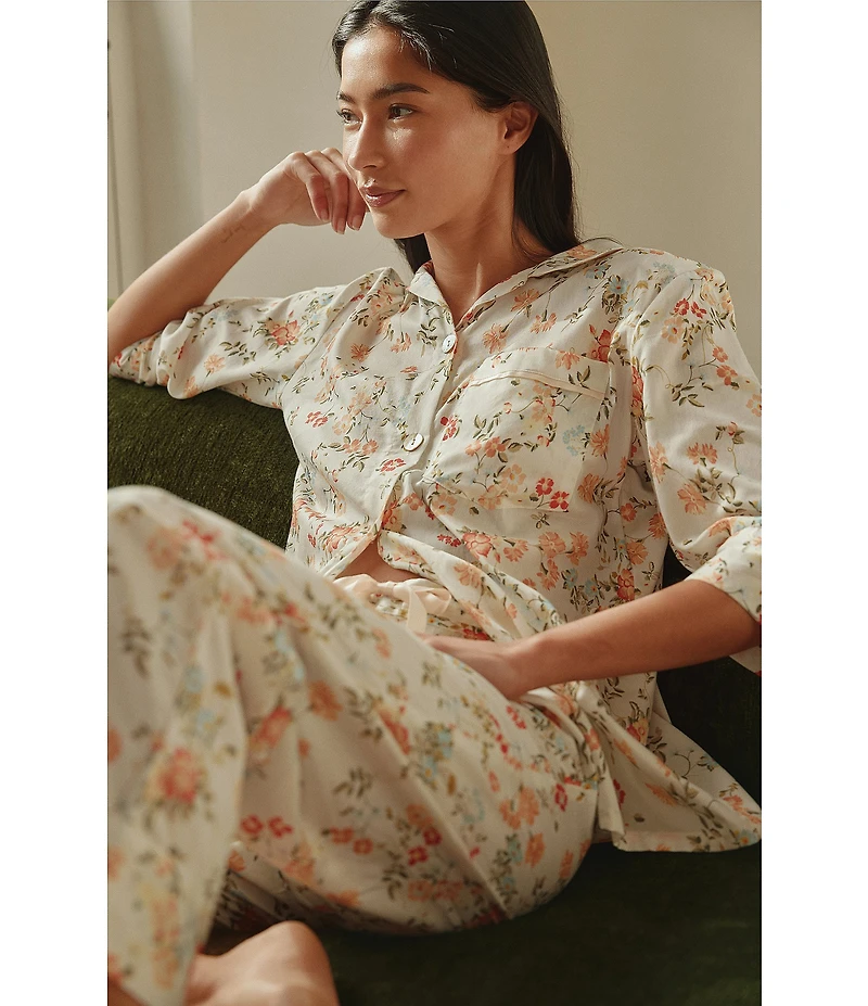 Papinelle Amber Floral Sateen 3/4 Sleeve Notch Collar Cropped Pajama Set