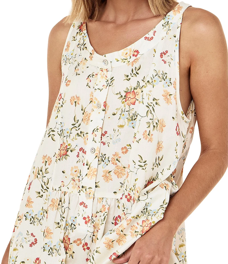 Papinelle Amber Sleeveless Scoop Neck Button-Front Floral Sateen Nightgown