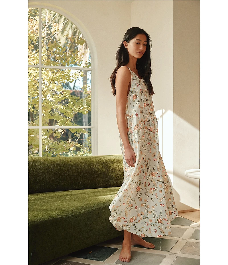 Papinelle Amber Sleeveless Scoop Neck Button-Front Floral Sateen Nightgown