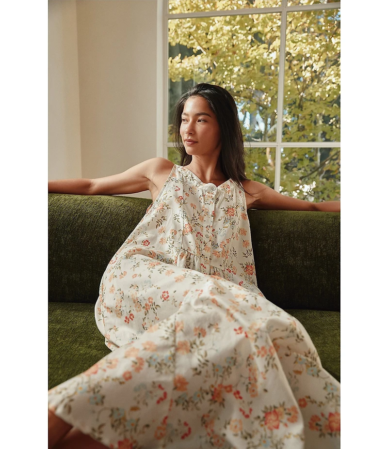Papinelle Amber Sleeveless Scoop Neck Button-Front Floral Sateen Nightgown