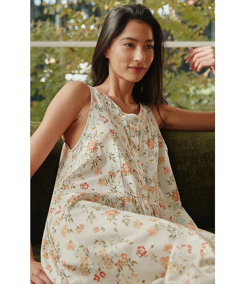 Papinelle Amber Sleeveless Scoop Neck Button-Front Floral Sateen Nightgown