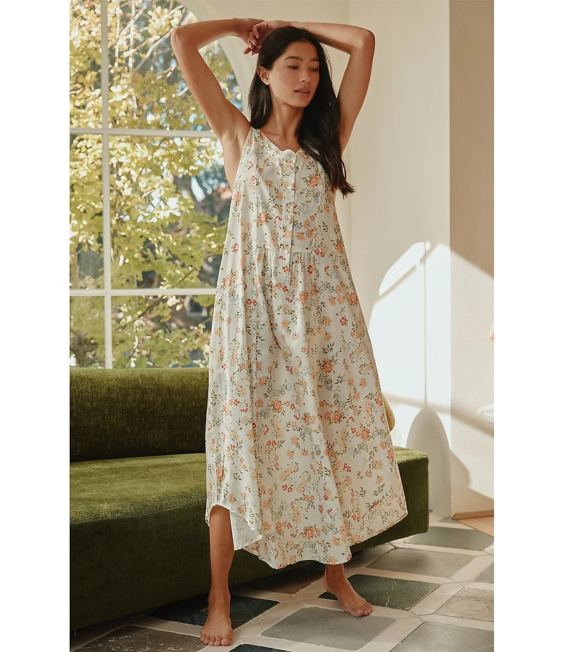 Papinelle Amber Sleeveless Scoop Neck Button-Front Floral Sateen Nightgown