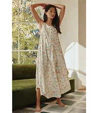 Papinelle Amber Sleeveless Scoop Neck Button-Front Floral Sateen Nightgown
