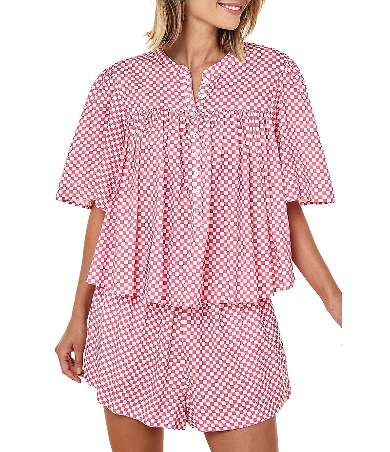 Papinelle Anais Woven Short Sleeve Round Neck Checkered Shorty Pajama Set