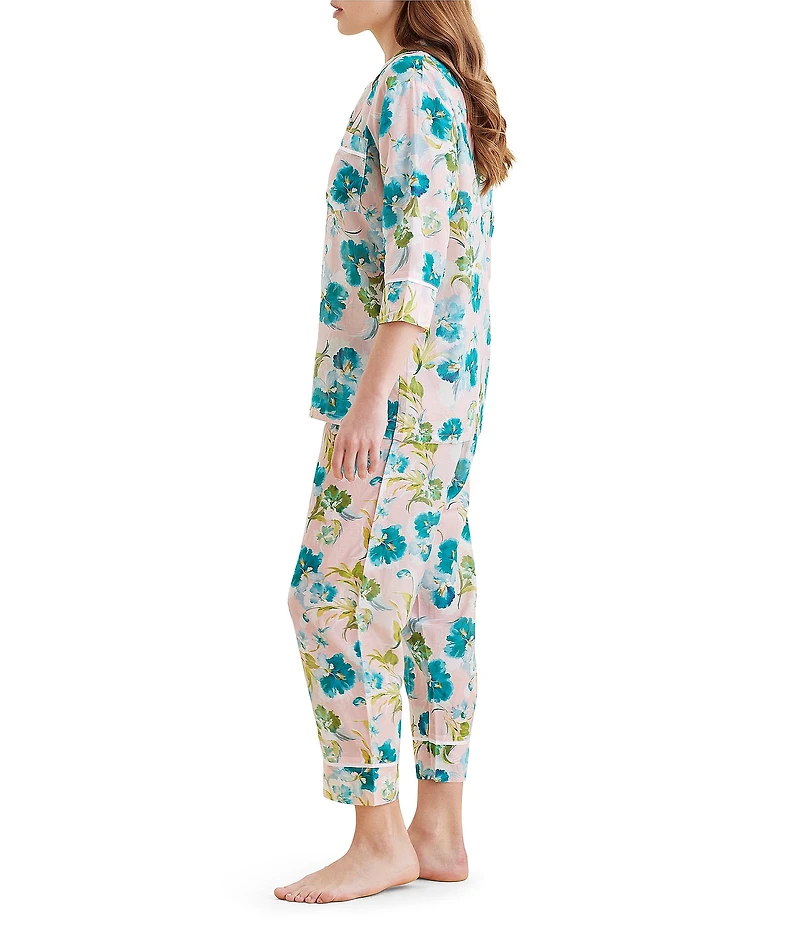 Papinelle Audrey Lightweight Woven 3/4 Sleeve Notch Collar Cropped Pant Pajama Set