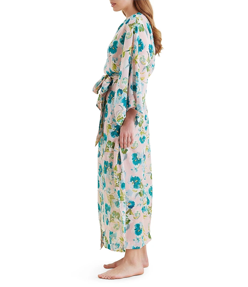 Papinelle Audrey Long Sleeve Shawl Collar Lightweight Woven Floral Print Coordinating Long Robe