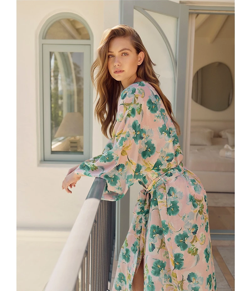 Papinelle Audrey Long Sleeve Shawl Collar Lightweight Woven Floral Print Coordinating Long Robe