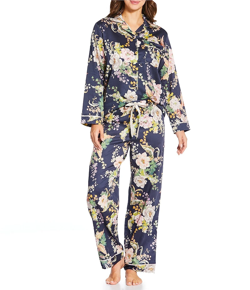 Papinelle Betsey Floral Cotton Sateen Long Sleeve Notch Collar Button-Front Long Pajama Set