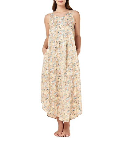 Papinelle Carly Floral Print Sleeveless Scoop Neck Woven Sateen Long Nightgown