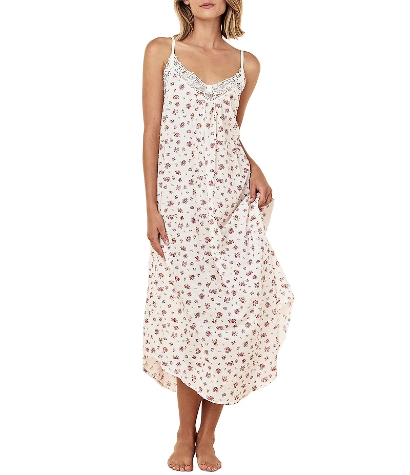 Papinelle Ditsy Floral Print Swiss Dot Sleeveless V-Neck Long Maxi Nightgown