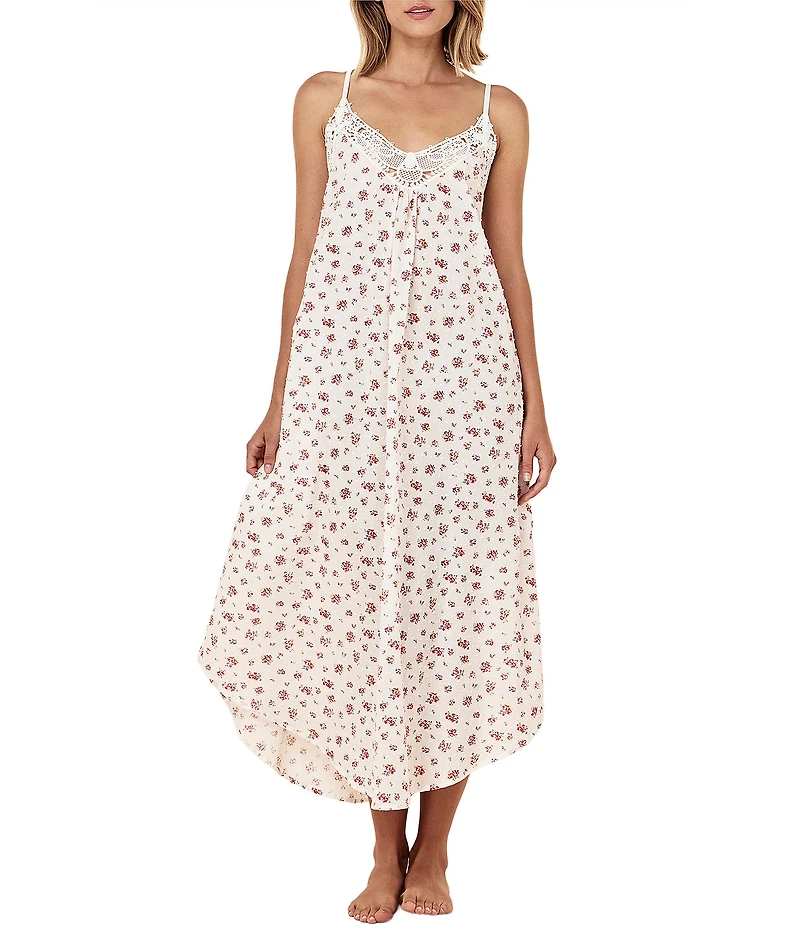 Papinelle Ditsy Floral Print Swiss Dot Sleeveless V-Neck Long Maxi Nightgown