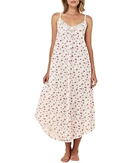 Papinelle Ditsy Floral Print Swiss Dot Sleeveless V-Neck Long Maxi Nightgown
