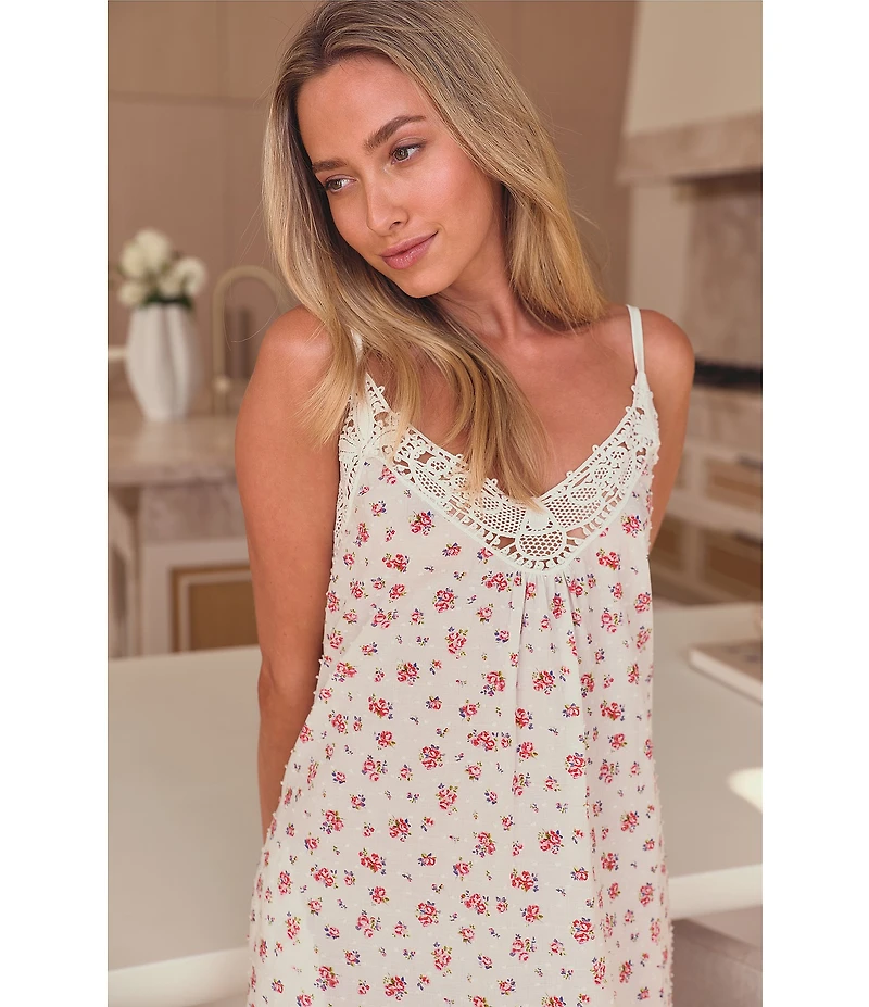 Papinelle Ditsy Floral Print Swiss Dot Sleeveless V-Neck Long Midi Nightgown
