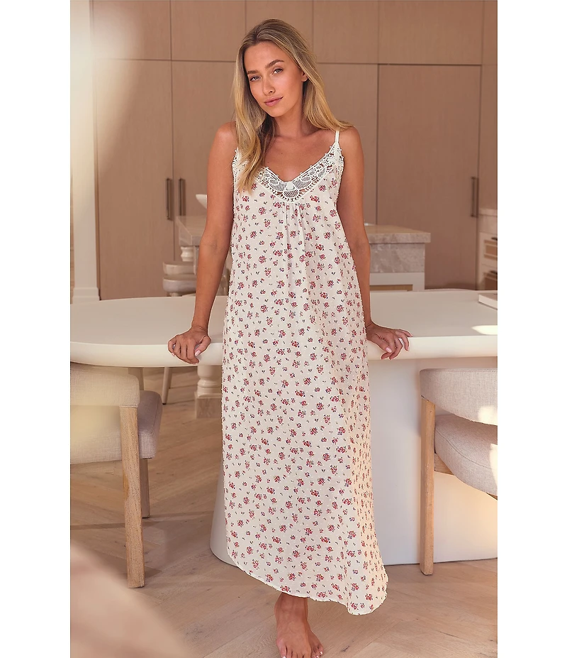 Papinelle Ditsy Floral Print Swiss Dot Sleeveless V-Neck Long Midi Nightgown