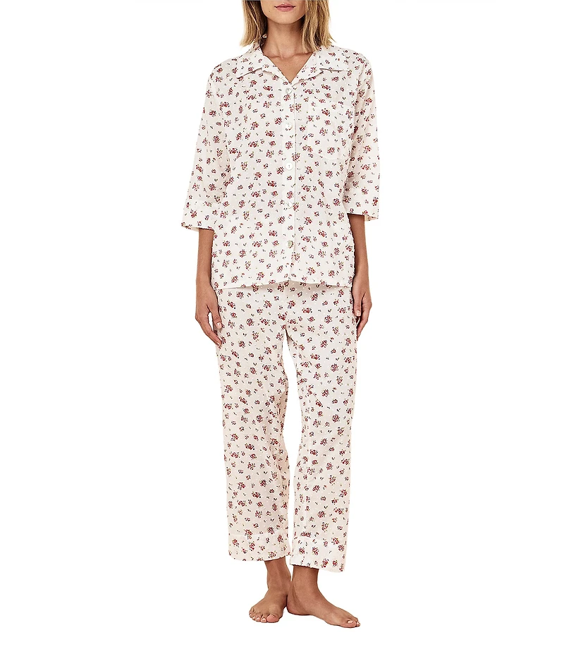 Papinelle Ditsy Floral Swiss Dot 3/4 Sleeve Notch Collar Cropped Pajama Set