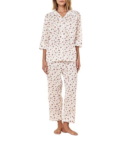 Papinelle Ditsy Floral Swiss Dot 3/4 Sleeve Notch Collar Cropped Pajama Set
