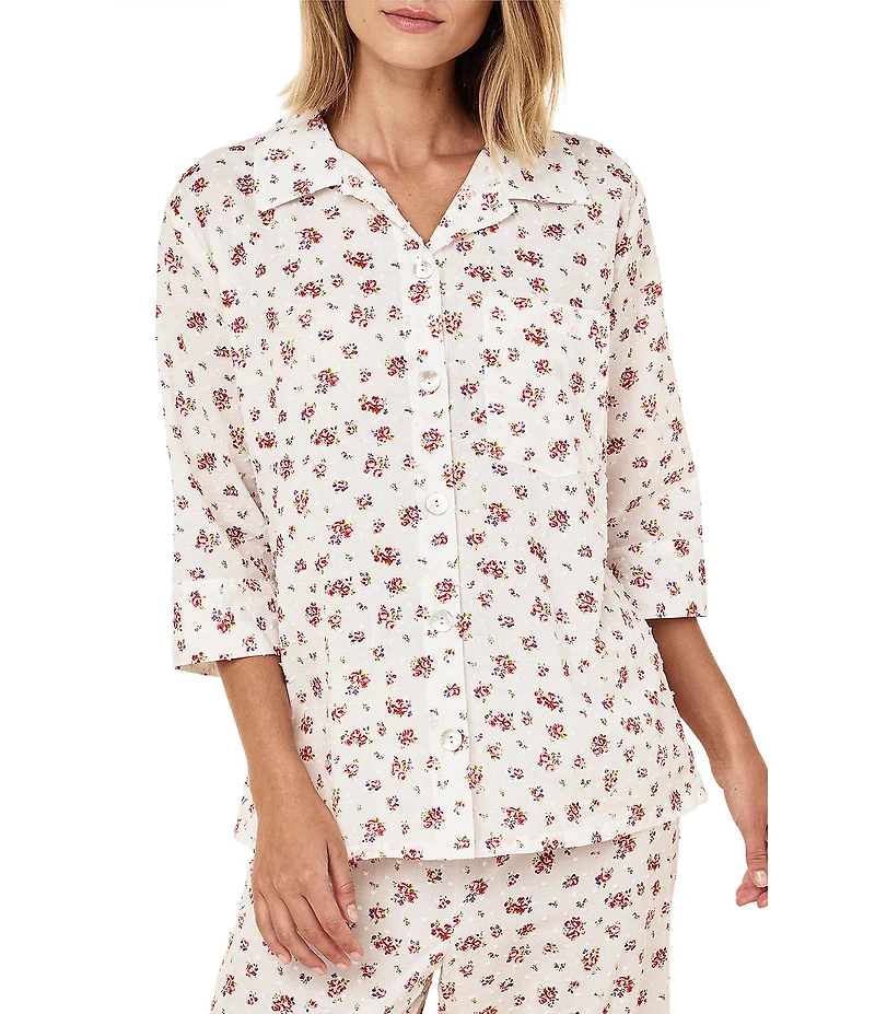 Papinelle Ditsy Floral Swiss Dot 3/4 Sleeve Notch Collar Cropped Pajama Set