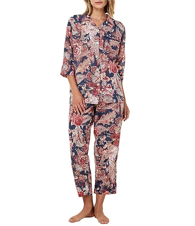 Papinelle Ella Floral Print 3/4 Sleeve Notch Collar Woven Lightweight Voile Cropped Pajama Set
